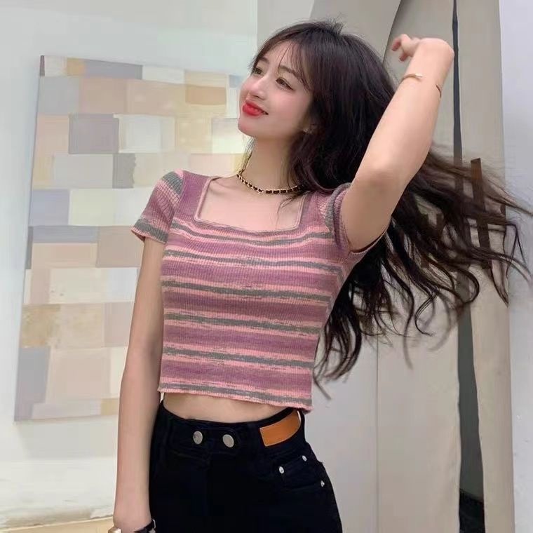 Jiashucheng Hàng Có Sẵn Áo Thun Ngắn Mỏng Vừa Vặn Màu Tương Phản Phong Cách Năm Mới Mùa Hè Cho Bé Gái