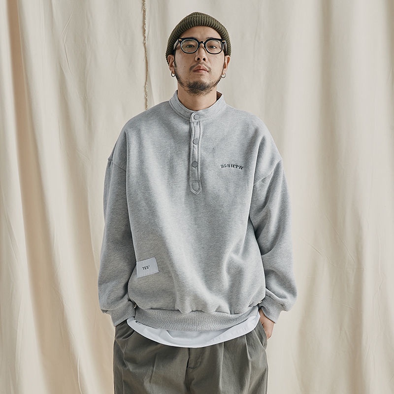 Áo sweater nam tay dài dáng rộng có cổ màu đen/ xám thời trang thu đông phong cách Hàn Quốc