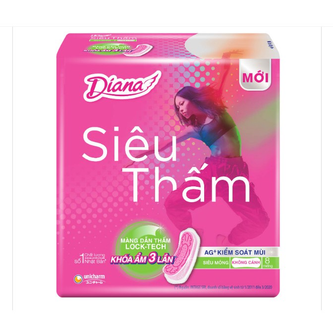 Băng vệ sinh Diana Siêu Thấm Siêu Mỏng Không Cánh 8 miếng 23cm mặt lưới - chính hãng