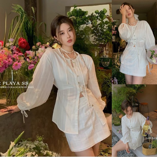 SET VÁY THÔ ĐŨI XƯỚC 3 MÓN ymir.closet - Set đũi xước trắng sơ mi thắt eo kèm áo quây mix chân váy chữ A