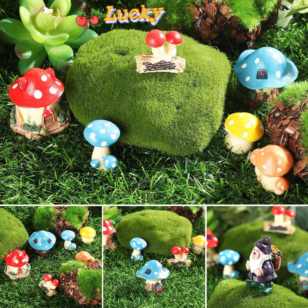 LUCKY Gift Mushroom Figurines Mini Accessories Micro Landscape Miniature Mushroom House Resin Craft Bonsai Ornament Fairy Garden DIY Decor Gnome Terrarium