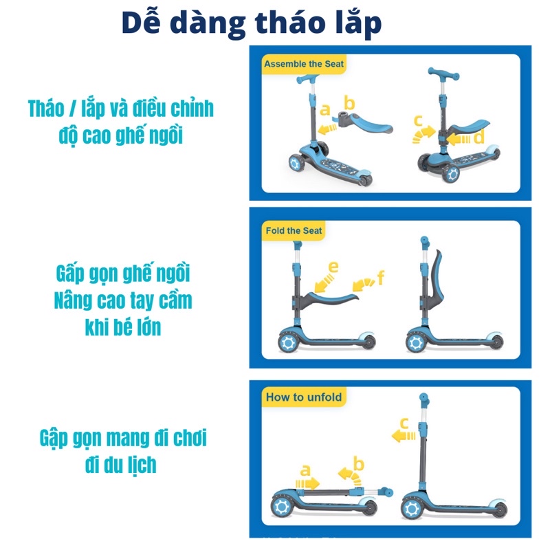 Xe Scooter cho bé Mideer , Xe trượt scooter 3 bánh phát sáng, cao cấp, gấp gọn có ghế ngồi cho bé trai, gái and ride
