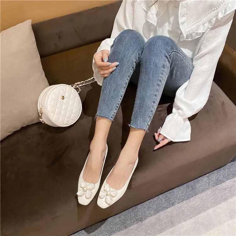 Giày Búp Bê Mũi Nhọn Đế Mềm Đính Ngọc Trai Giả Xinh Xắn Cho Nữ Size 33-44