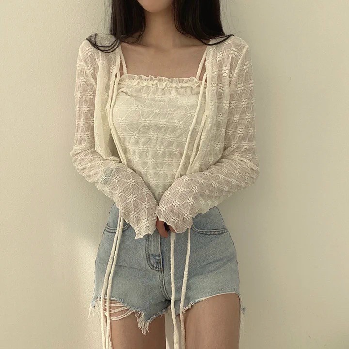 Set cardigan kèm áo 2 dây hoa chìm ulzzang Hàn Quốc hàng QC