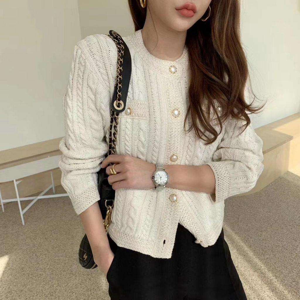 Áo Khoác Cardigan Dệt Kim Đính Ngọc Trai Chất Lượng Cao