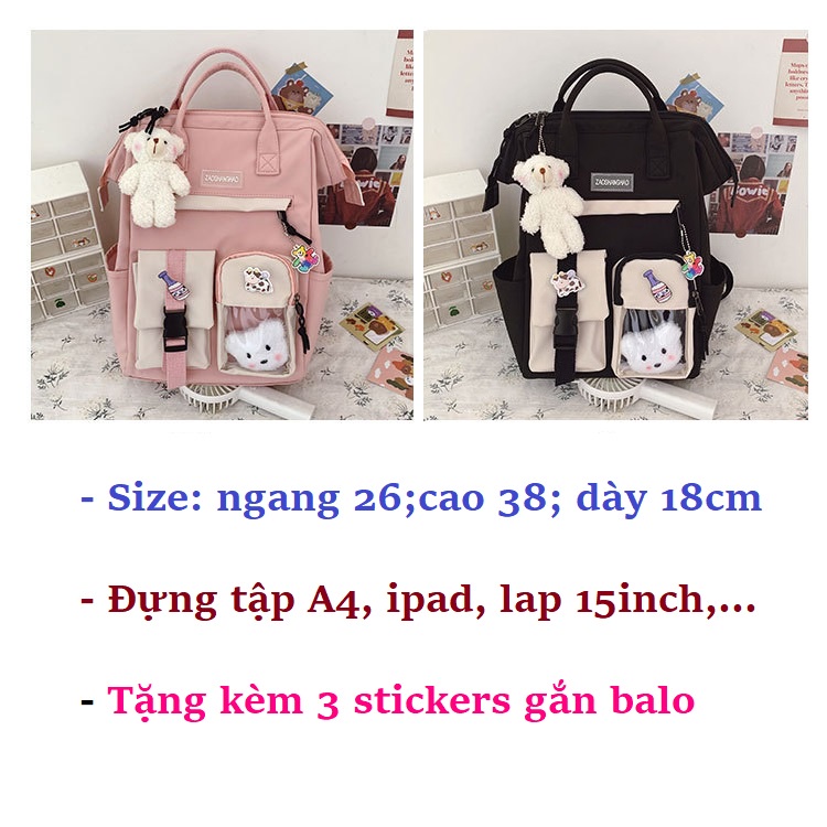 Balo Hàn Quốc form vuông đựng lap 15inch, kèm gấu, stickers, đi học, đi du lịch