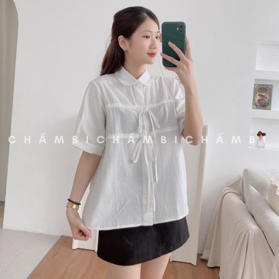 Áo Sơ Mi Form Rộng A.201, áo sơ mi kiểu nữ hàn quốc dáng babydoll cổ đức cộc tay hai hàng dây rút thắt nơ cực xinh 💯 * ྇