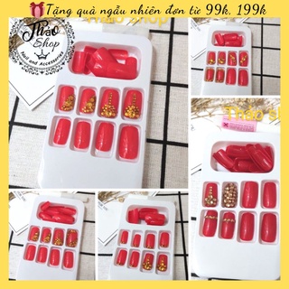 [Ảnh thật]Set 24 móng giả màu đỏ sáng thiết kế chống nước đính đá nhân tạo cao cấp( tặng kèm keo)