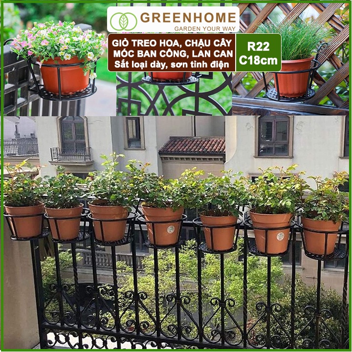 Giỏ treo hoa ban công D22xC18cm màu Trắng, bằng sắt, trang trí ban công |Greenhome