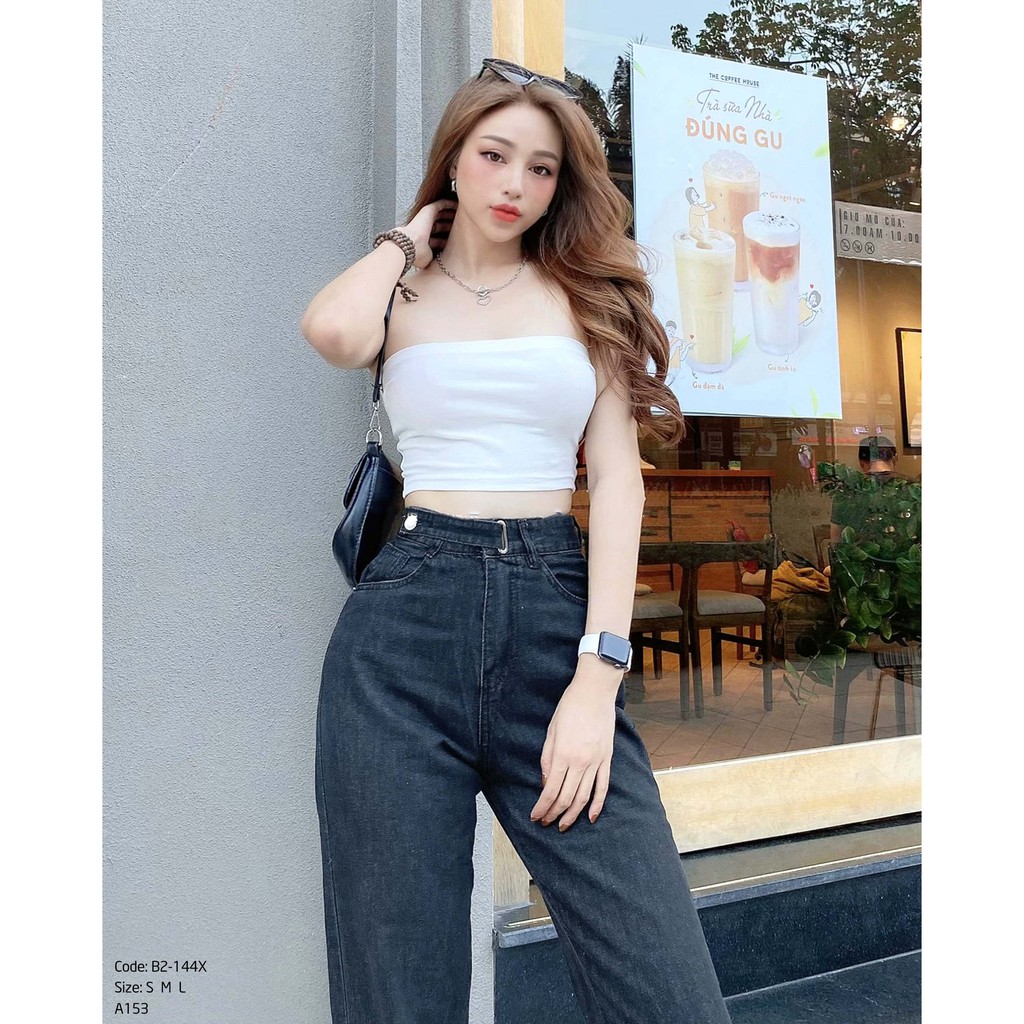 Quần jean nữ ống rộng lưng cao Kpboutique mã B2-144X màu đen, hình shop chụp 100%, cam kết đổi trả nếu không hài lòng