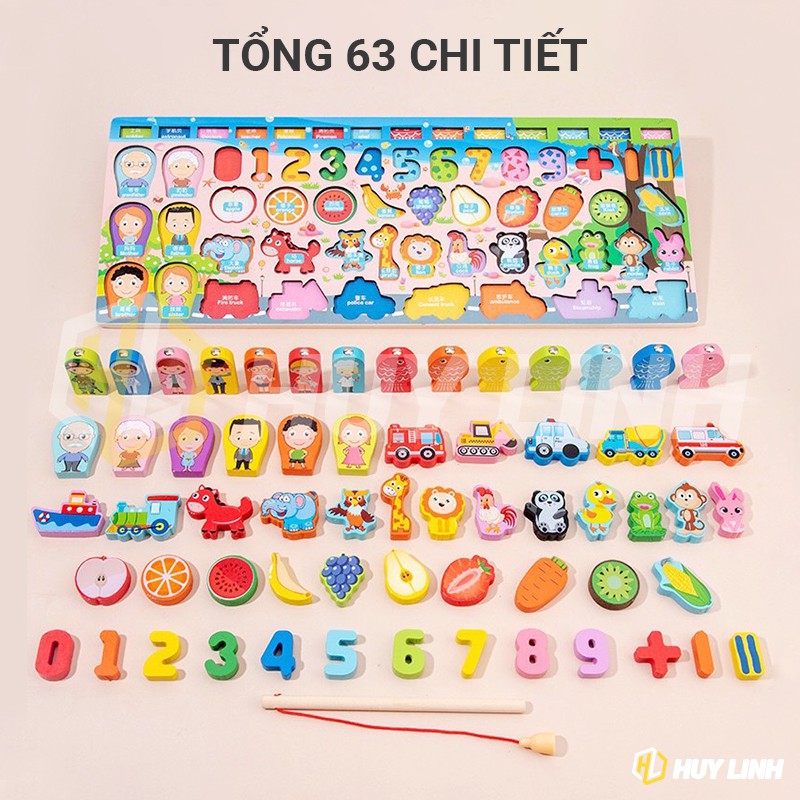 Bộ đồ chơi ghép gỗ sáng tạo cho bé Montessori HL793 - Câu cá, ghép số bằng nam châm 63 chi tiết