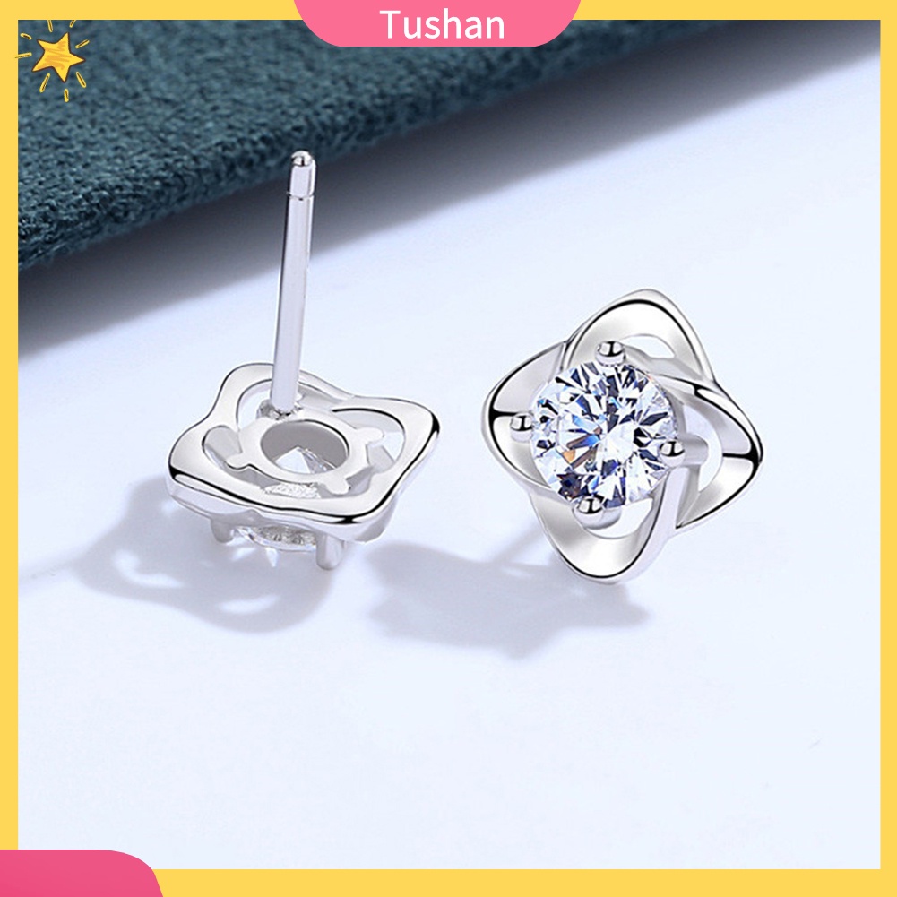 Khuyên tai hình lá 4 cánh khảm kim cương giả quà tặng cho lễ Valentine