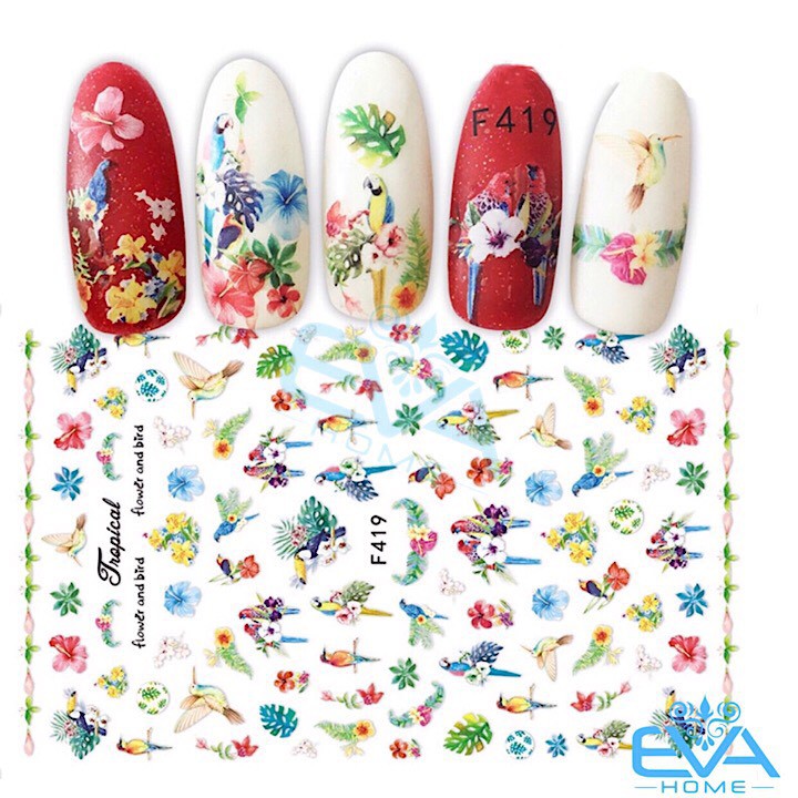 Miếng Dán Móng Tay 3D Nail Sticker Tráng Trí Hoạ Tiết Chim Hoa Cành Cây F419