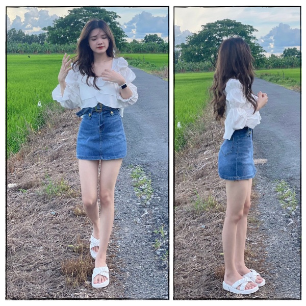 Set chân váy jeans áo trễ vai nữ , áo tay phồng cổ vuông chất voan mềm MS08