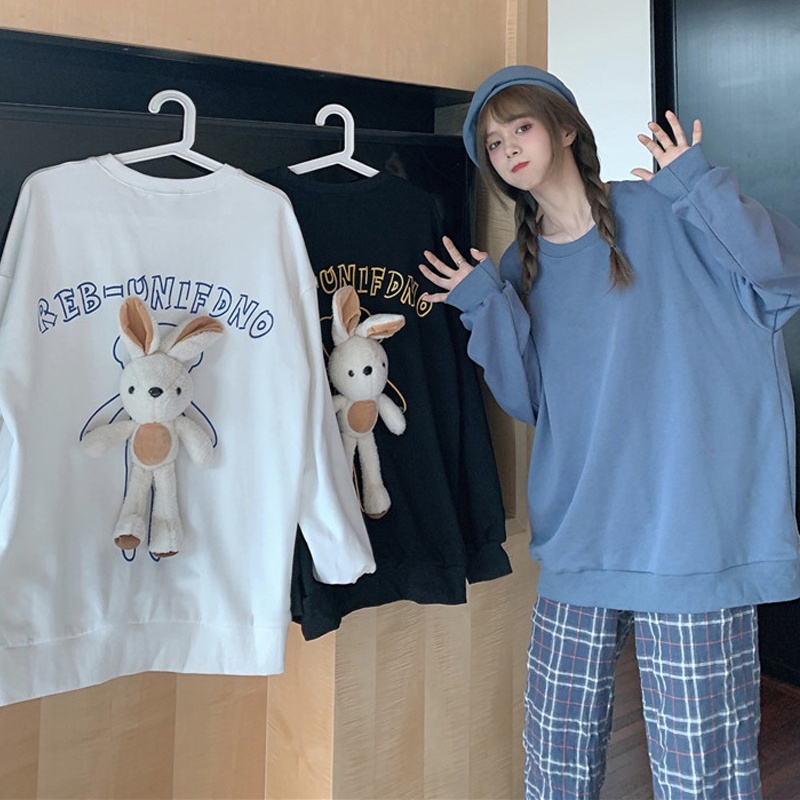 Áo sweater IELGY tay dài cổ tròn phối họa tiết hoạt hình thời trang mùa thu tùy chọn màu sắc cho nữ