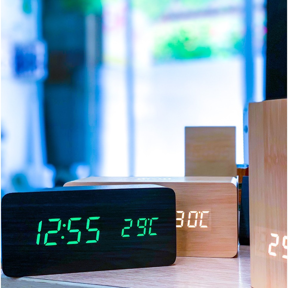 (HCM Freeship 50k) Đồng hồ LED để bàn giả gỗ hình chữ nhật - Báo thức - Nhiệt kế - Cảm ứng âm thanh