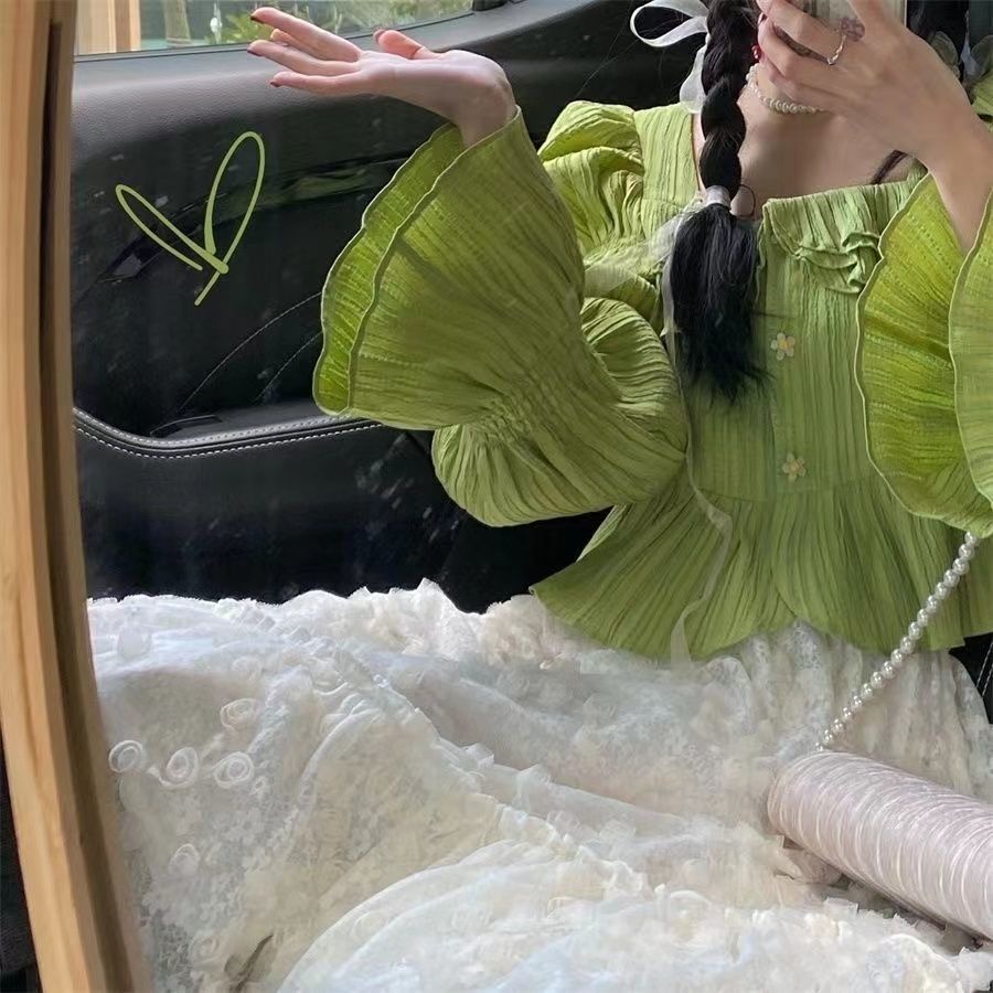 Set Áo Sơ Mi Phối Bèo Màu Xanh Lá + Chân Váy Dài Vừa Phải Thiết Kế Mới Trẻ Trung Cho Nữ