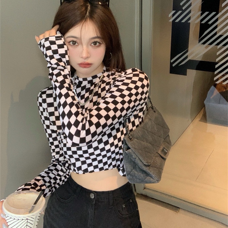 Áo thun tay dài cổ tròn họa tiết sọc caro form ôm hợp thời trang