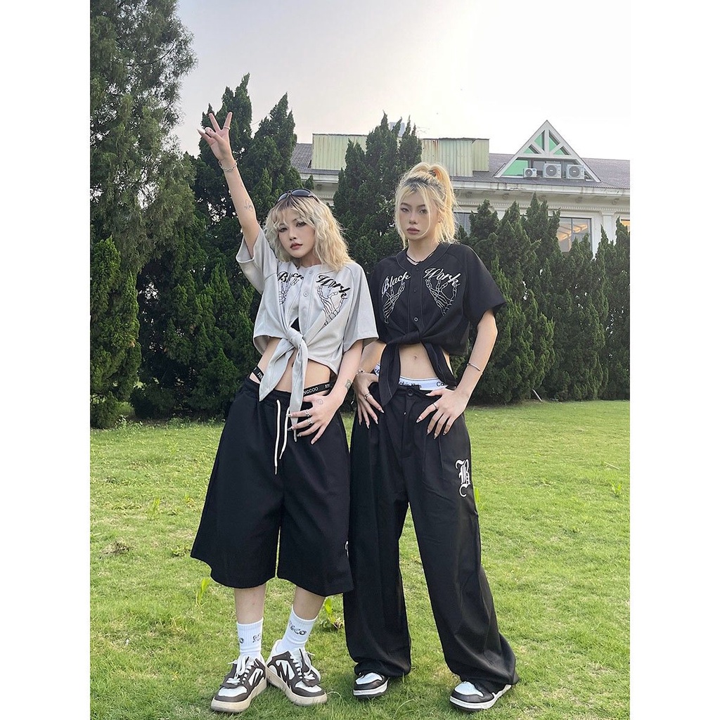 ♙♞Áo Thun Nữ Ngắn Tay Thêu Hình Đầu Lâu Phong Cách Bóng Chày Cá Tính