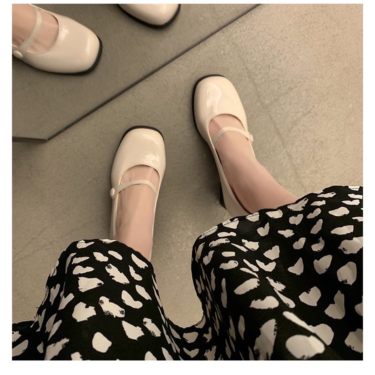 Giày búp bê mũi vuông da bóng gót cao 7cm