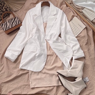 SET ÁO KHOÁC BLAZER TRẮNG + ĐẦM HAI DÂY MÀU BE XINH XẮN [kèm ảnh thật]