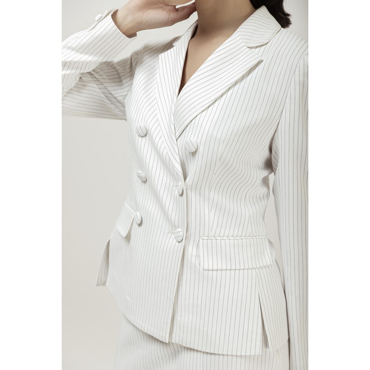 Set áo vest chân váy nữ KO-ISAN công sở thanh lịch kẻ trắng 3330650-3