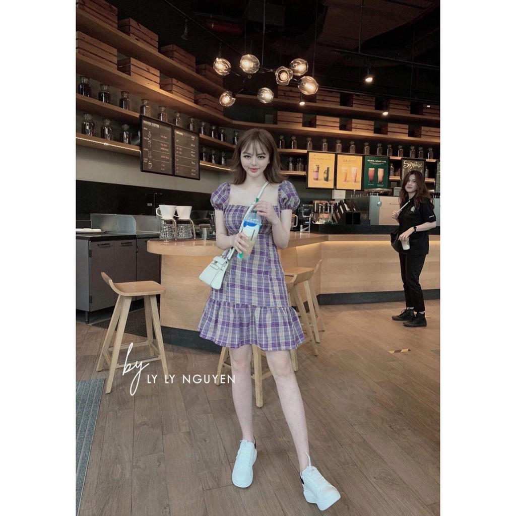 VÁY KẺ TÍM TRỄ VAI ĐUÔI CÁ CHO NỮ - ĐẦM MAXI CARO CỔ VUÔNG MÀU TÍM ULLZANG | BigBuy360 - bigbuy360.vn