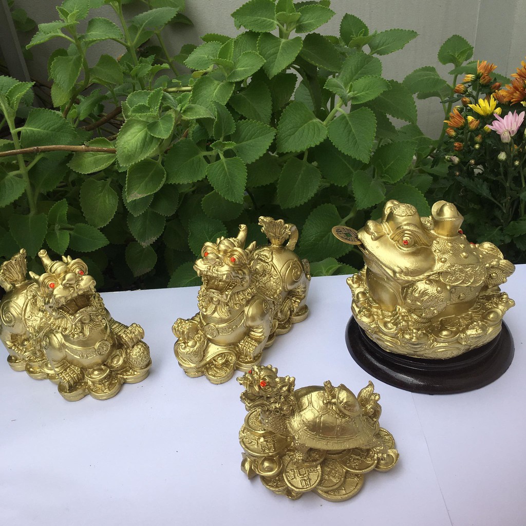 Combo cặp tỳ hưu và cóc ngậm tiền và long quy zize lớn màu vàng sơn đồng giá rẻ mang tài lộc cho mọi người