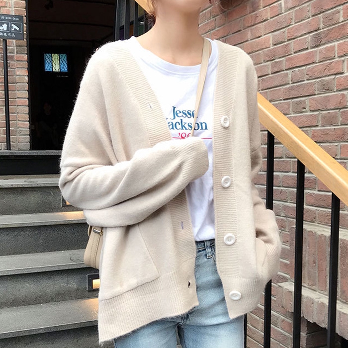 Áo Khoác Cardigan Dệt Kim Cổ Chữ V Màu Trơn Phong Cách Hàn Quốc