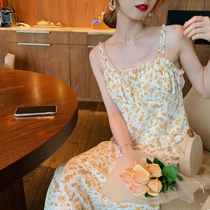 Đầm Hai Dây Họa Tiết Hoa Nữ Tính đầm bầu váy nữ váy bé gái váy dài chân váy dài váy nữ chân váy dài