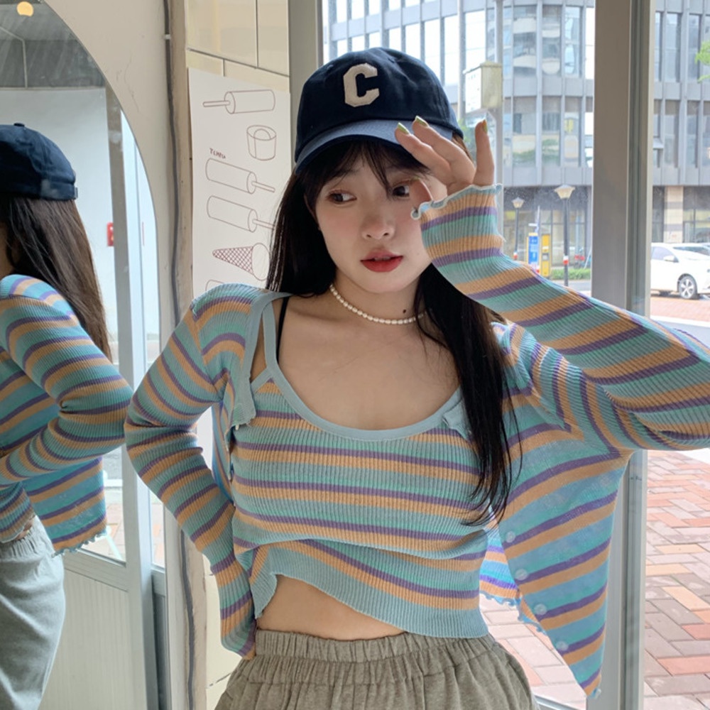 Set Áo Khoác Cardigan Tay Dài + Áo Hai Dây Dệt Kim Thời Trang