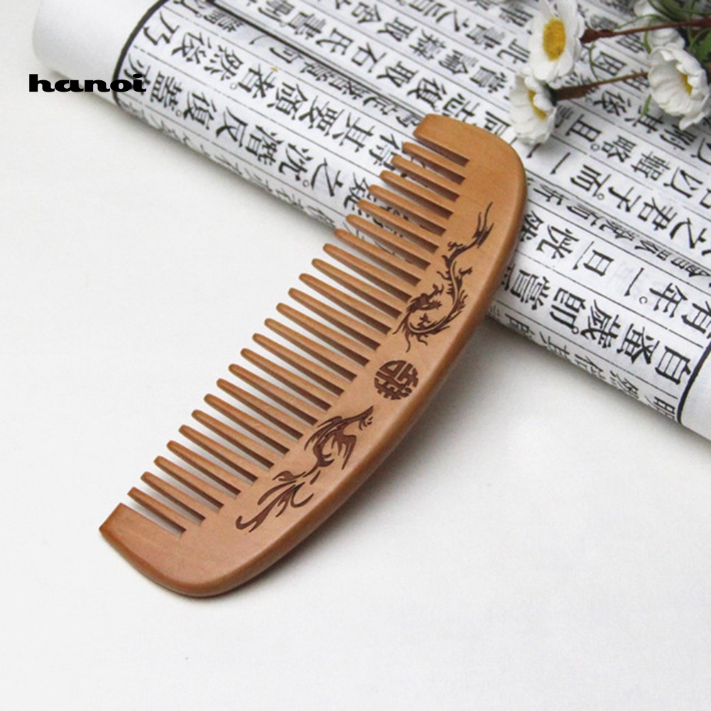 Lược Gỗ Đào Khắc Họa Tiết Rồng Phượng Chống Tĩnh Điện Mát Xa Da Đầu