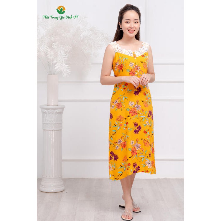 Váy lanh sát nách cổ ren nữ họa tiết trang nhã thanh lịch V01.2103 - Thời trang gia đình VT