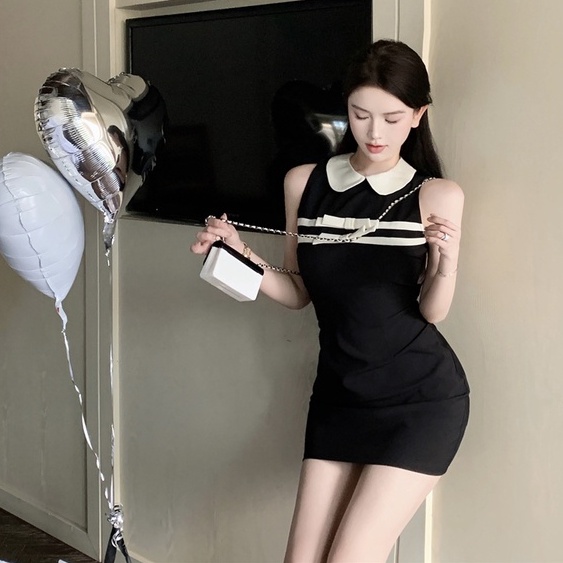 Đầm Đen Không Tay Eo Co Giãn Ôm Dáng Thời Trang Mùa Hè Hàn Quốc Cho Nữ