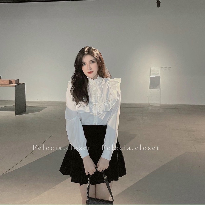 ▶▶ SET ÁO TRẮNG CỔ BÈO + CHÂN VÁY ĐEN XẾP LY 🖤