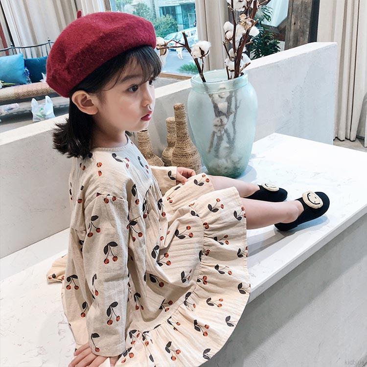 Đầm Dài Tay In Hình Quả Cherry Cho Bé Gái