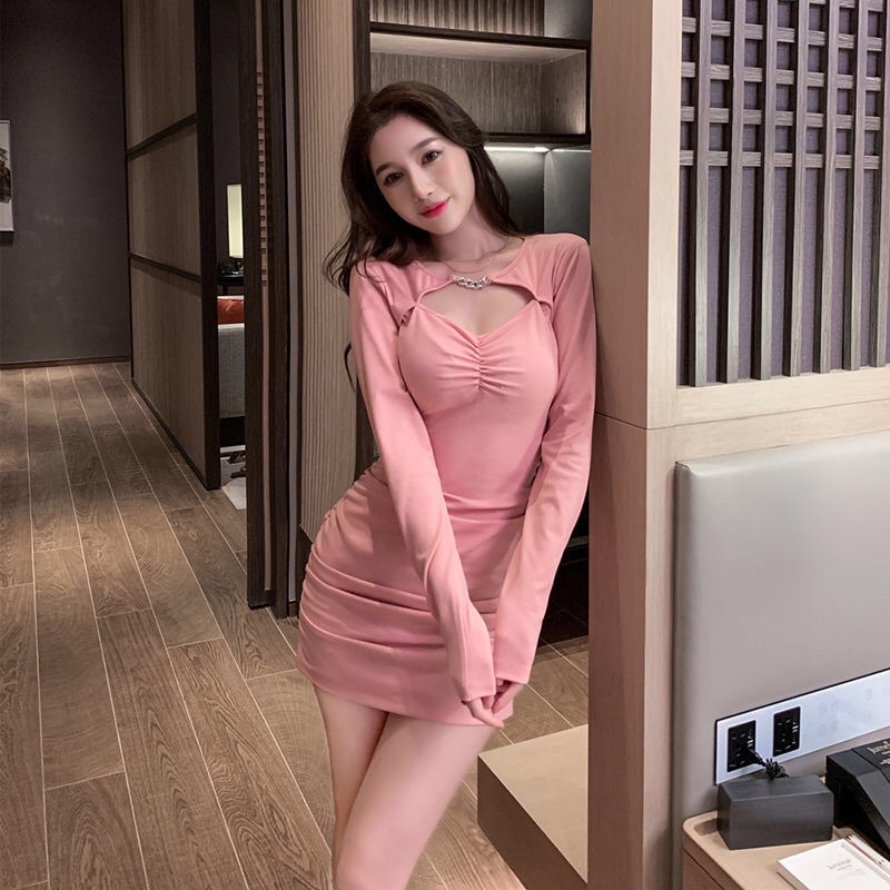 Đầm Body Tay Dài Khoét Nhún Ngực phối xích cổ Thunca.Store