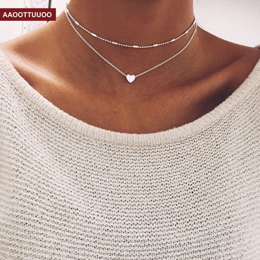 vòng cổ Hai Lớp Mặt Hình Trái Tim Đơn Giản Cho Nữ