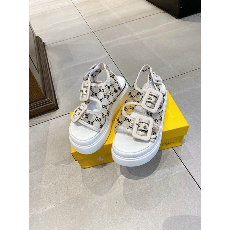 Giày Sandal thể thao thời trang Ulzzang hàng Quảng Châu cao cấp đế bánh mì màu trắng, quai họa tiết