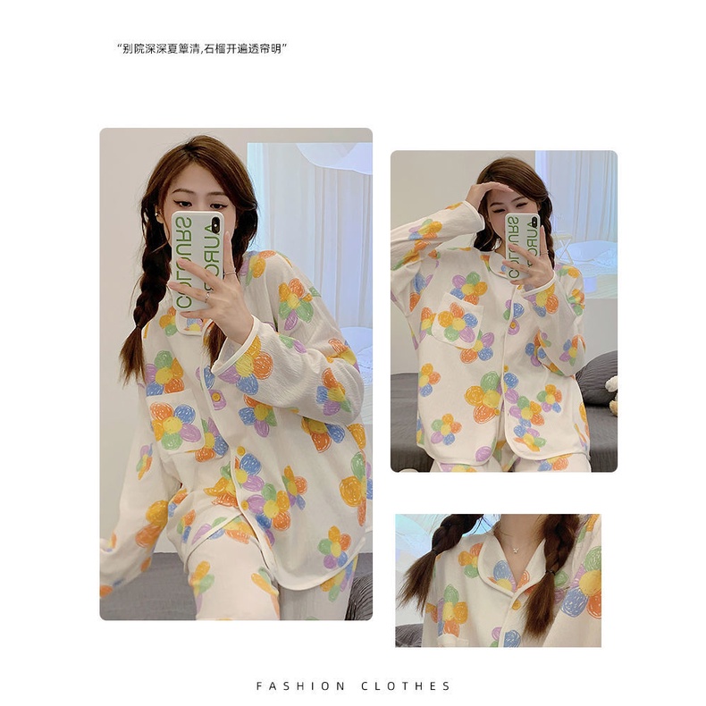 Bộ Đồ Ngủ Tay Dài Chất Cotton In Họa Tiết Dễ Thương Thời Trang Xuân Thu Cho Nữ