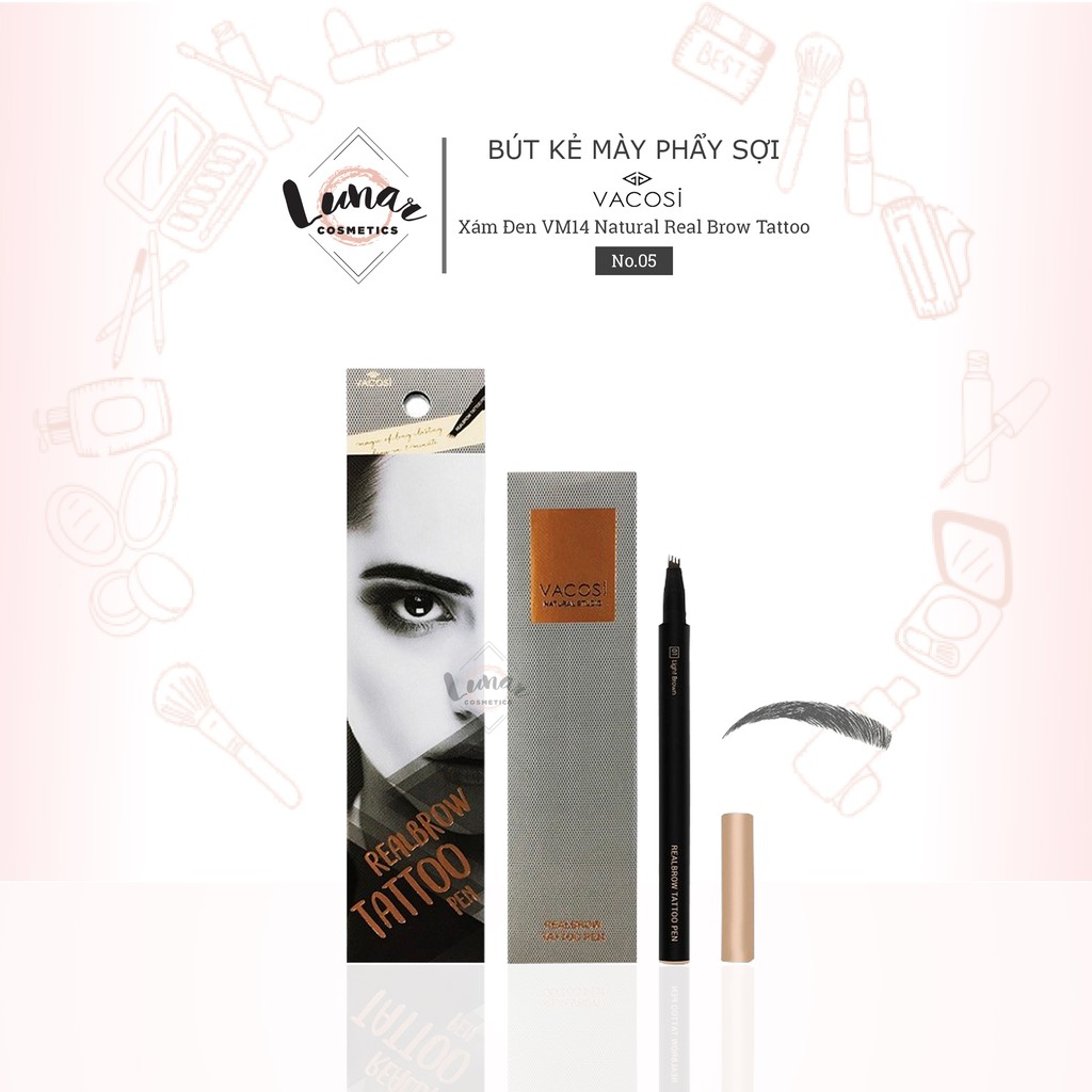 [Đại Lý Vacosi] Bút Kẻ Mày Phẩy Sợi Vacosi Xám Đen VM14 No.05 Natural Real Brow Tattoo