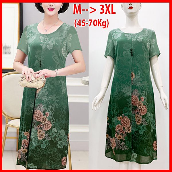 GOTI - Đầm Trung Niên Size Lớn Dự Tiệc Kiểu Dáng Suông Voan Phối Phi Lụa In Hoa Dài Cho Mẹ U50 U60 3296 3301