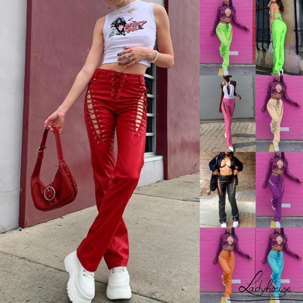 Quần Da Lưng Cao Màu Trơn Dáng Ôm Thiết Kế Đục Lỗ Thời Trang Cho Nữ