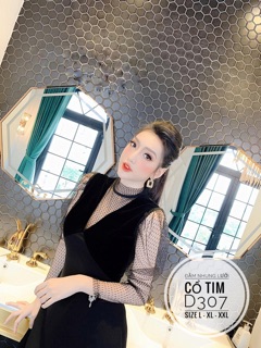 Bigsize Đầm nhung lưới cổ tim D307