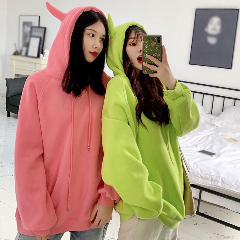 Áo Hoodie Dày Dáng Rộng Màu Trơn Thời Trang Thu Đông Cho Nữ