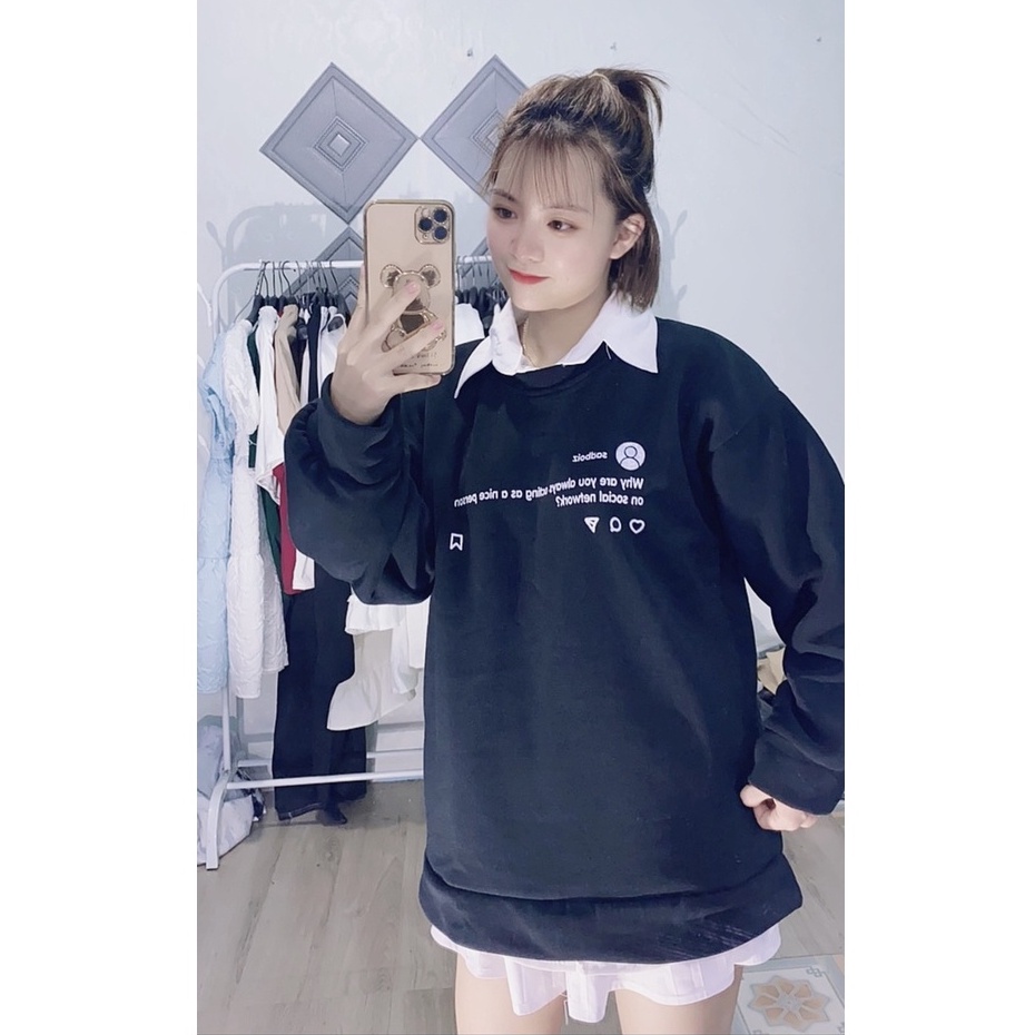 Áo sweater cổ tròn from rộng tay dài chất nỉ bông, áo thun thu đông in hình mặt khóc siêu độc lạ Vati