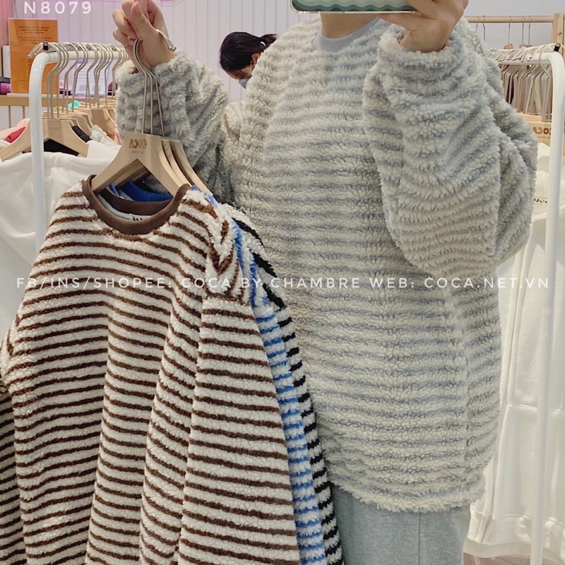[N8079]️‍ Áo sweater nỉ lông cừu xù dày kẻ nhỏ form rộng phong cách Hàn Quốc (Có sẵn/ảnh thật)