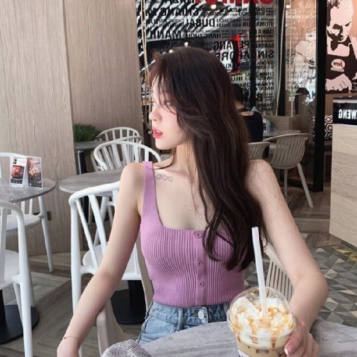 Áo dệt kim hai dây cổ vuông màu tím đen thời trang mùa hè cho nữ 2021