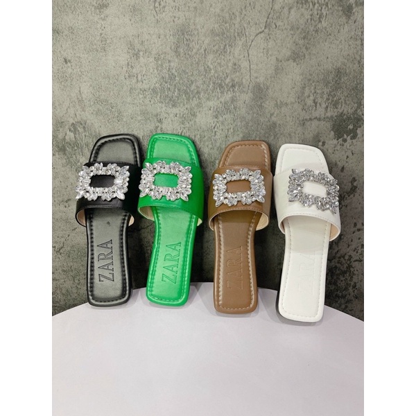 dép lê nữ quai ngang đính hoa đá da lì cao cấp