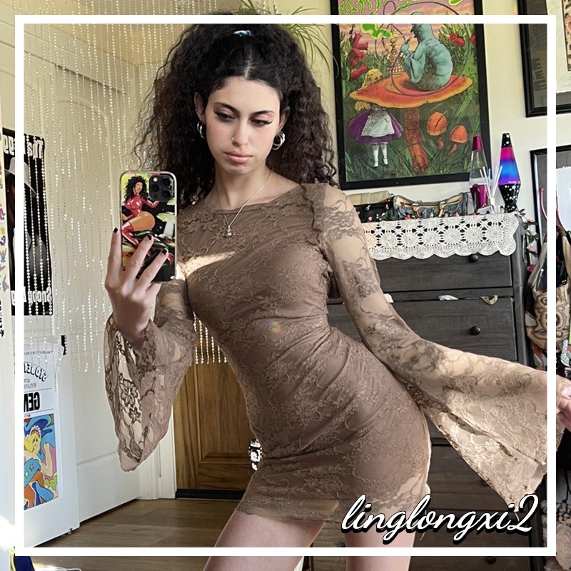 ✫MW✤Women Wrapped Dress, Long Ruffle Sleeve Round Neck See-Through Mesh Lace Casual Party Spring Fall Midi